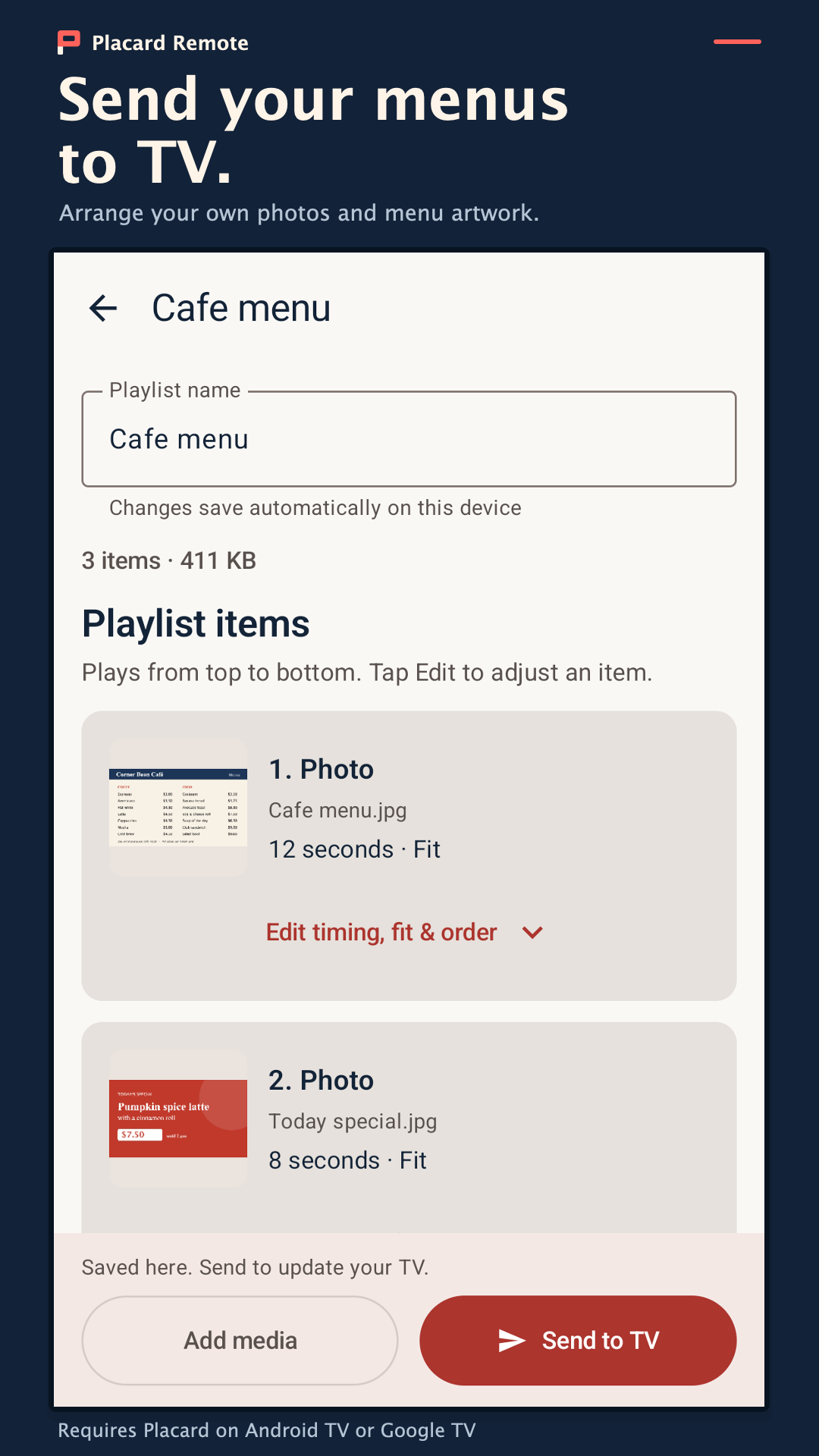 Placard Remote playlist editor with photo timing, fit, order and Send to TV controls