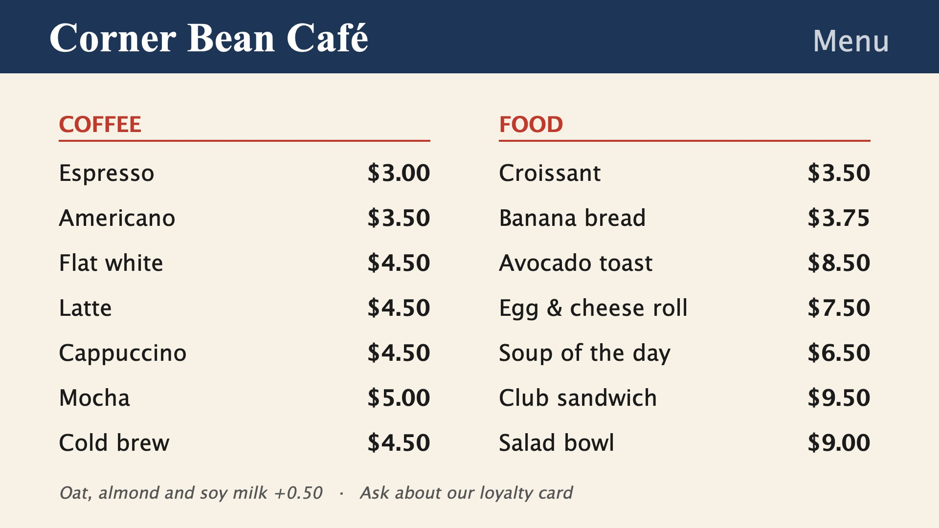 Placard playing a sample Corner Bean Café menu on a TV